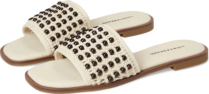Lucky Brand Gidya Beaded Flat Sandals Women's Sandals Parchment/Brown : 9.5 B - Medium, Faux Leather/Synthetic