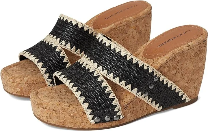 Lucky Brand Vickta Woven Band Cork Wedge Sandals Women's Sandals Black : 11 B - Medium, Synthetic
