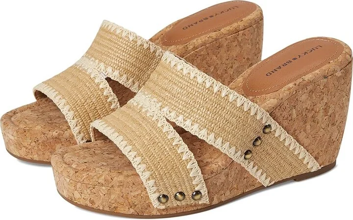 Lucky Brand Vickta Woven Band Cork Wedge Sandals Women's Sandals Dark Natural : 9 B - Medium, Synthetic