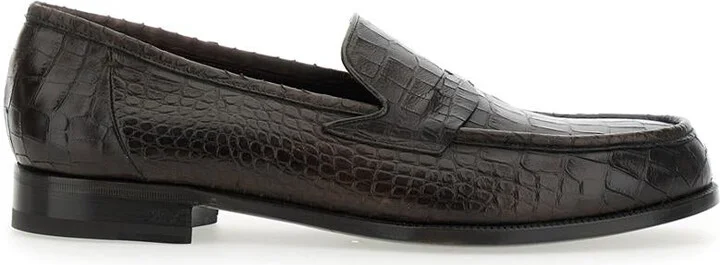 'Luisiana' Brown Loafers With Embossed Crocodile Effect In Leather Man