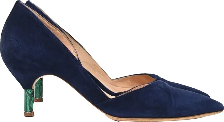 Luzia Pointed Kitten Heel Pumps in Navy Blue Suede