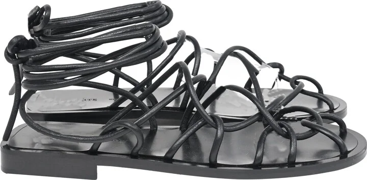 Lyon Lace-Up Flat Sandals in Black Leather