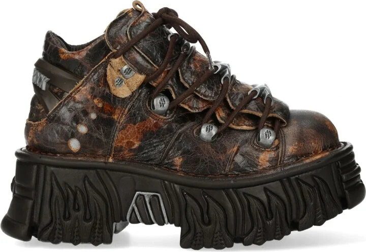 M-106-C194 Brown Flame Leather Gothic Ankle Platform Boots