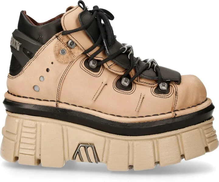 M-106-S40 Beige Leather Gothic Ankle Platform Boots