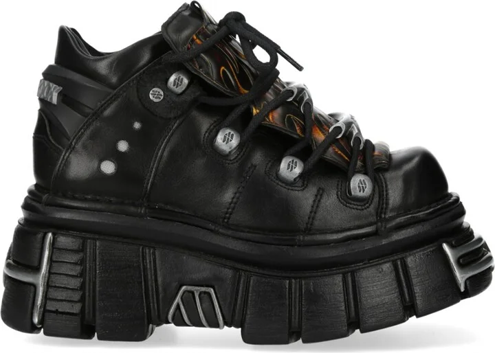 M-106N-C86 Black Flame Leather Gothic Ankle Platform Boots