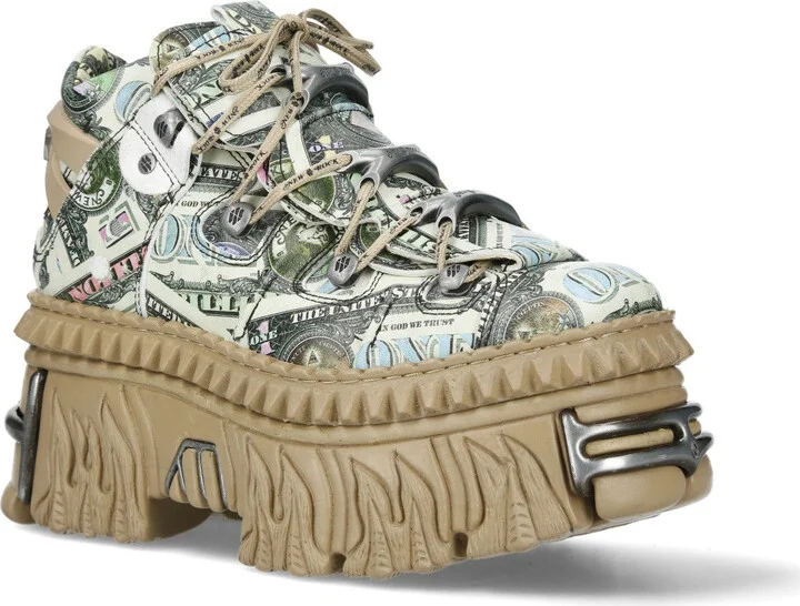M-106WALL-C49 Dollar Bill Print Leather Platform Ankle Boots