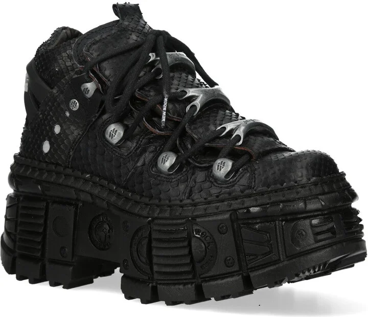 M-106WALL-C65 Python Black Leather Platform Ankle Boots