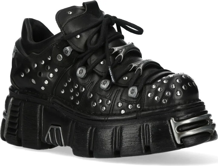 M-120NR-C1 Black Leather Gothic Platform Ankle Boots