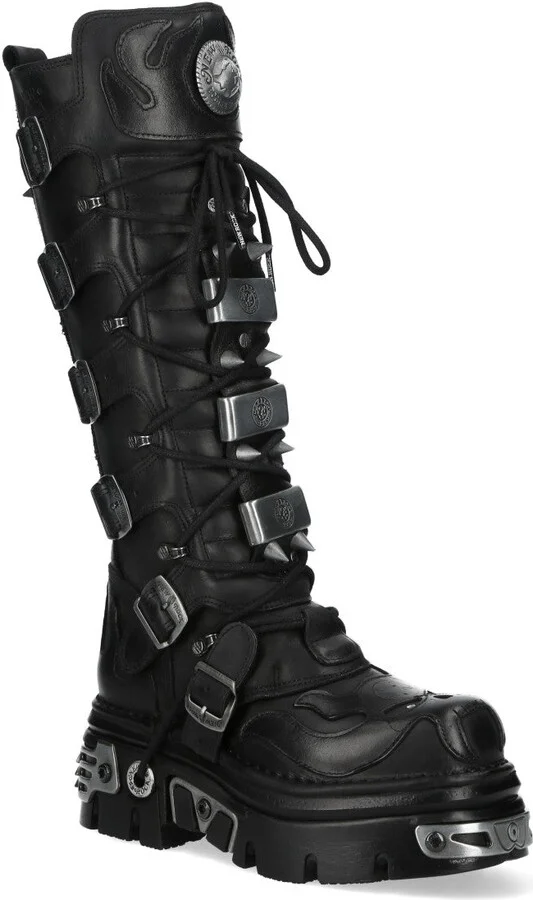 M-161-C10 Knee High Black Leather Spiked Gothic Boots