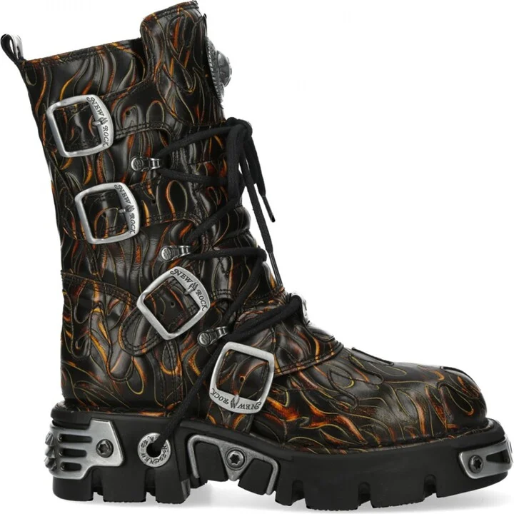 M-591-C62 Mid-Calf High Black Flame Leather Metallic Gothic Boots