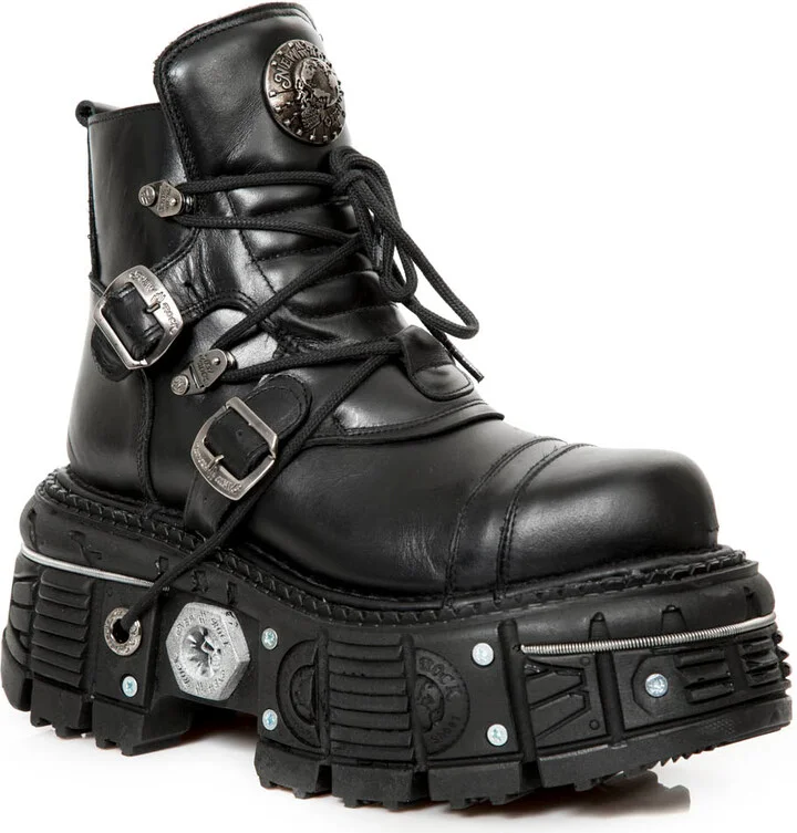 M-TANK007-S1 Black Leather Gothic Combat Platform Ankle Boots