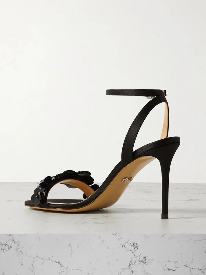 MACH & MACH - Appliquéd Satin Sandals - Black - Image 3