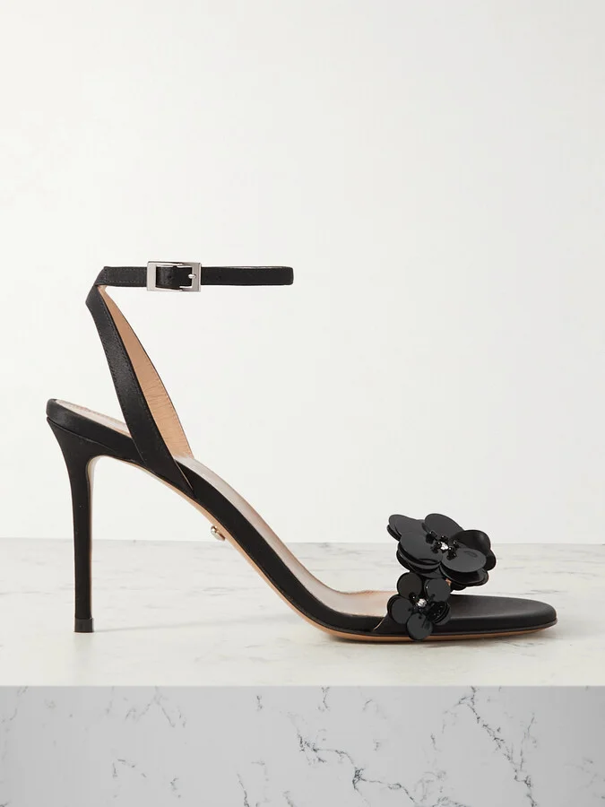 MACH & MACH - Appliquéd Satin Sandals - Black