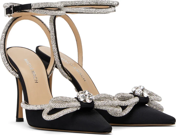 MACH & MACH Black Double Bow Satin Heels - Image 4
