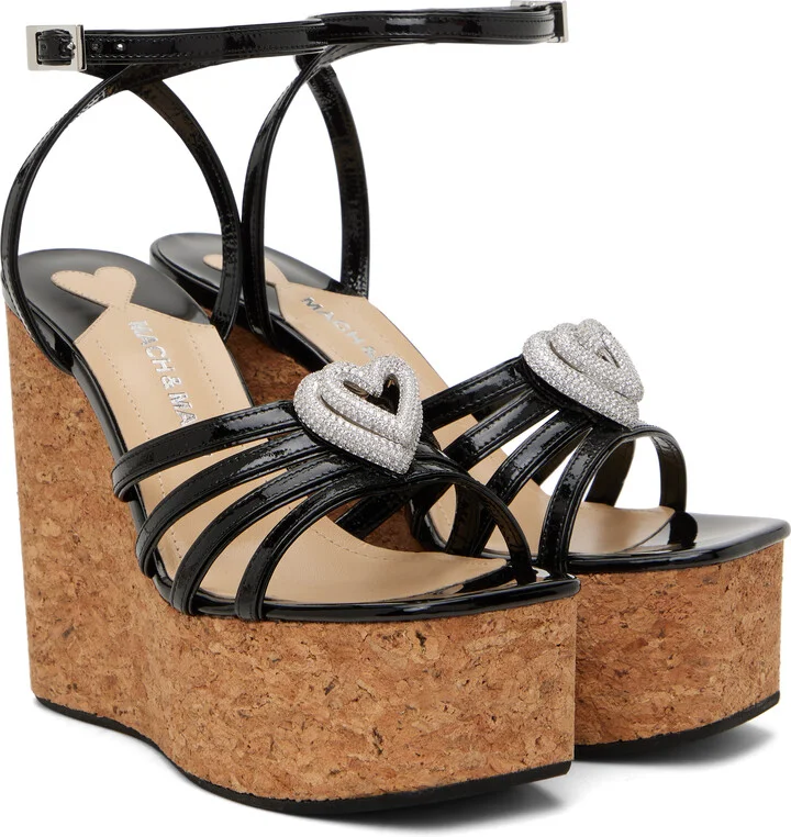 MACH & MACH Black Double Heart Wedge Heeled Sandals - Image 4