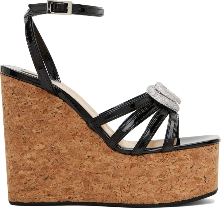 MACH & MACH Black Double Heart Wedge Heeled Sandals