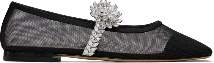 MACH & MACH Black Lotus Flower Mesh Ballerina Flats