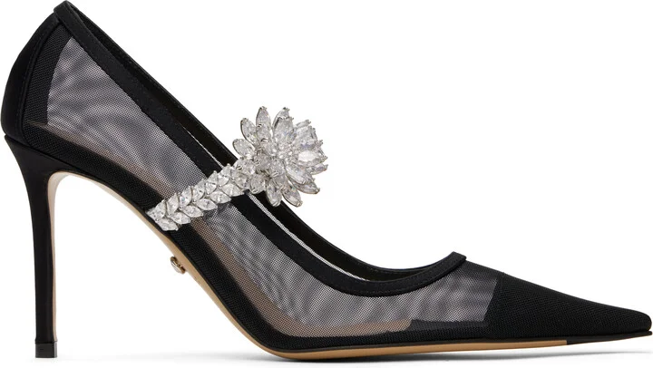 MACH & MACH Black Lotus Flower Mesh Heels