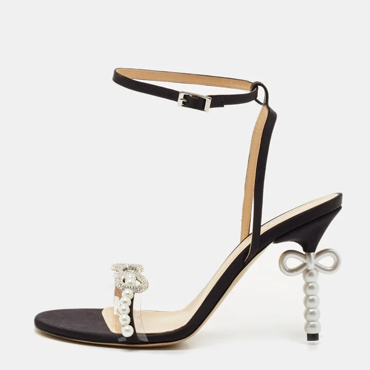 Mach & Mach Black Satin and PVC Pearl Bow Ankle Strap Sandals Size 39