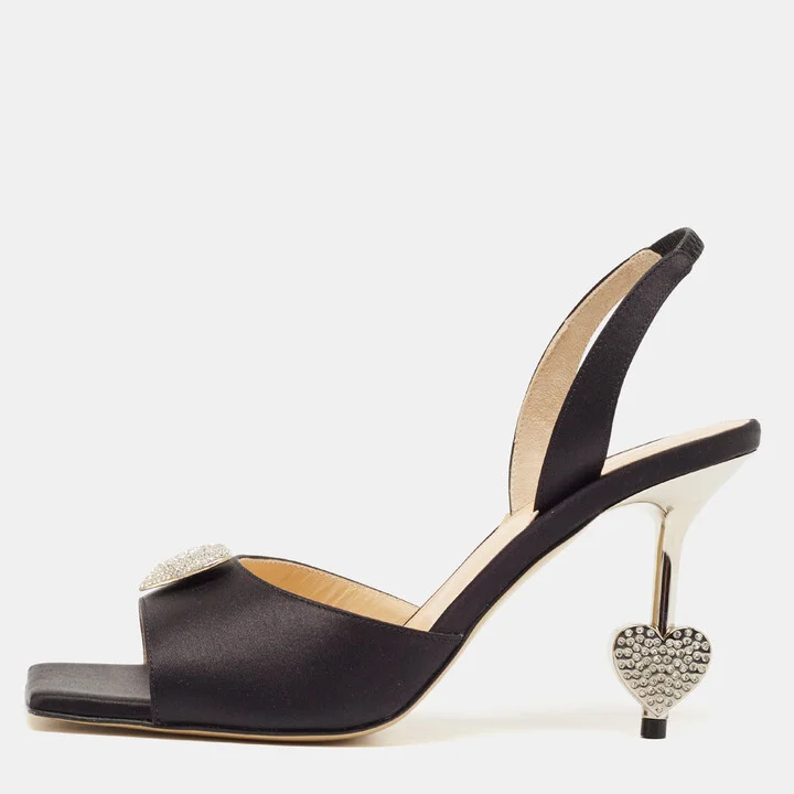 Mach & Mach Black Satin Crystal Heart Slingback Sandals Size 37.5