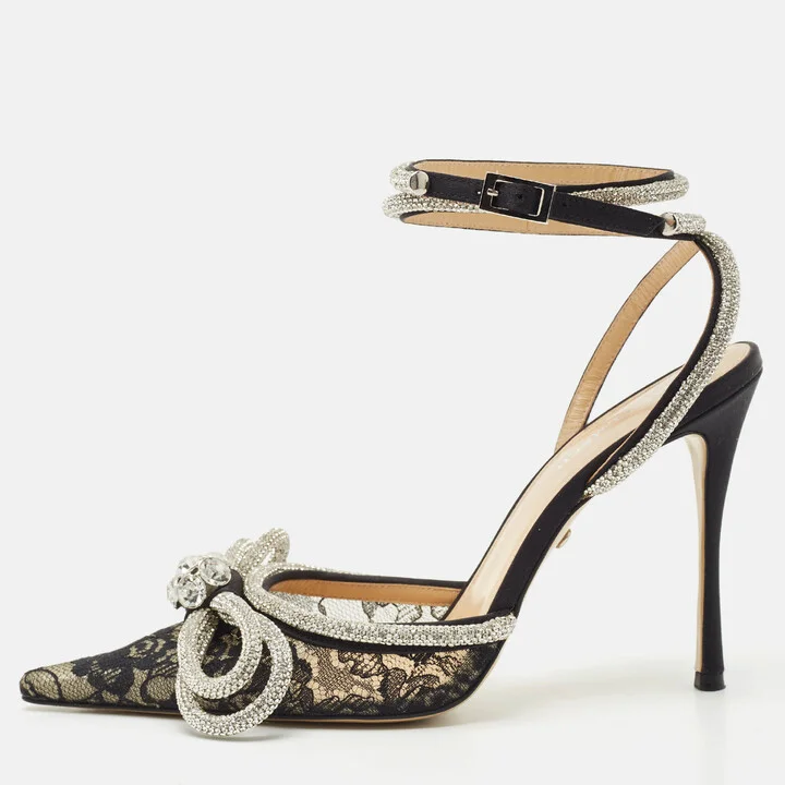 Mach & Mach Black Satin Double Bow Crystal Embellished Ankle Strap Pumps Size 39