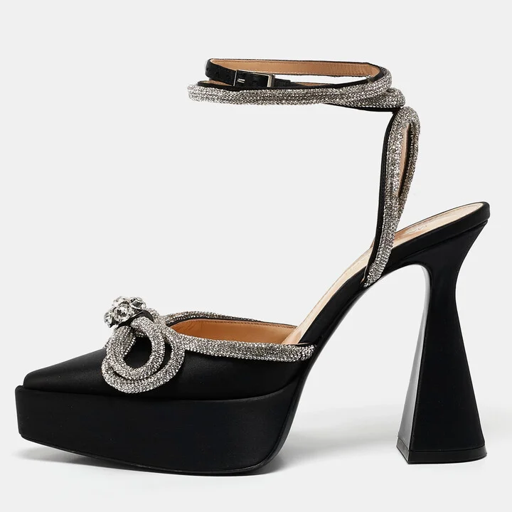 Mach & Mach Black Satin Double Bow Crystal Embellished Platform Pumps Size 39