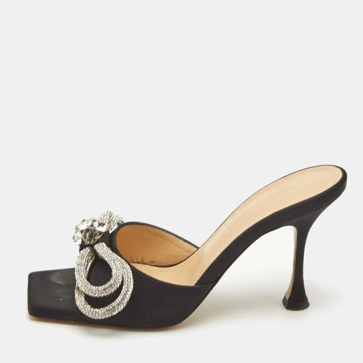Mach & Mach Black Satin Double Bow Crystals Slide Sandals Size 36.5