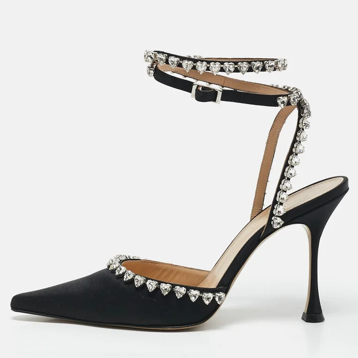 Mach & Mach Black Satin Heart Crystal Embellished Audrey Pumps Size 39