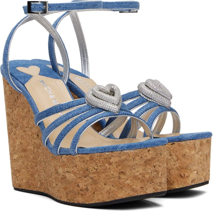 MACH & MACH Blue Double Heart Wedge Heeled Sandals - Image 4