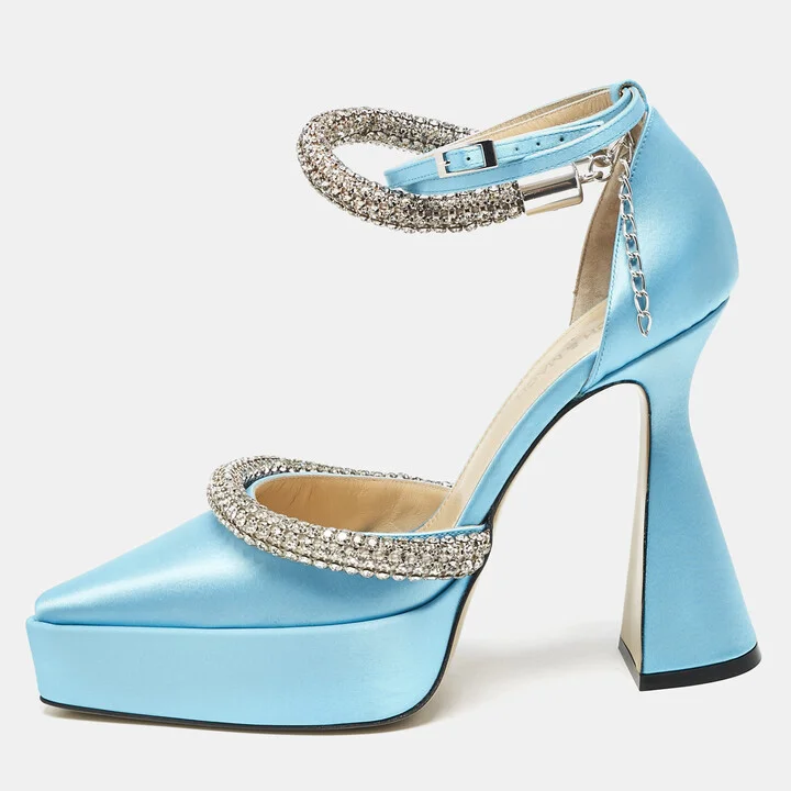 Mach & Mach Blue Satin Crystal Embellished Kimberly Platform Pumps Size 39