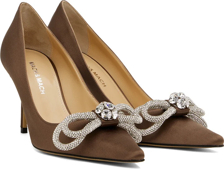 MACH & MACH Brown Double Bow Satin Heels - Image 4