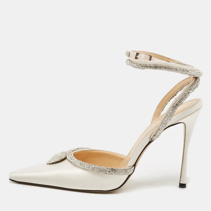 Mach & Mach Cream Satin Crystal Embellished Heart Pumps Size 39