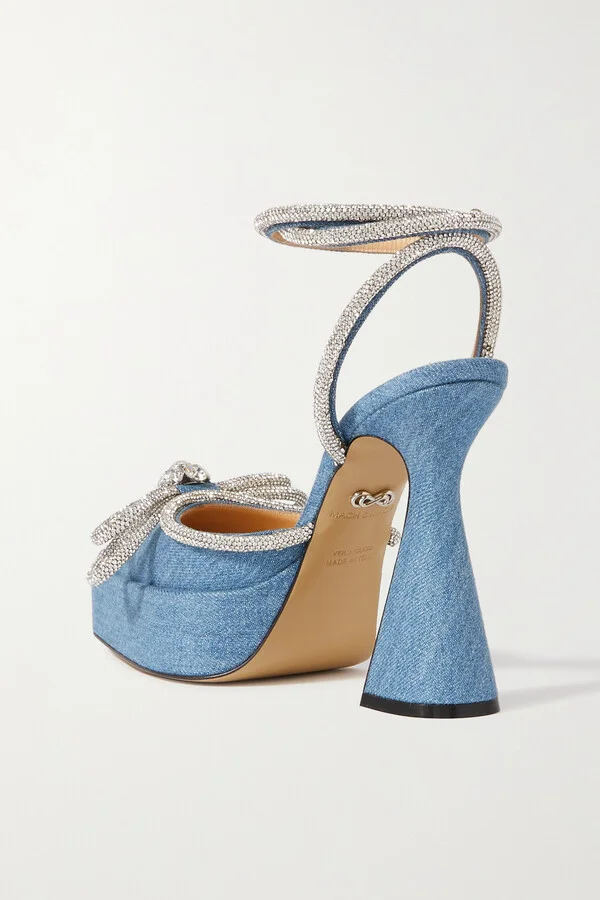 MACH & MACH - Double Bow Crystal-embellished Denim Platform Pumps - Blue - Image 3