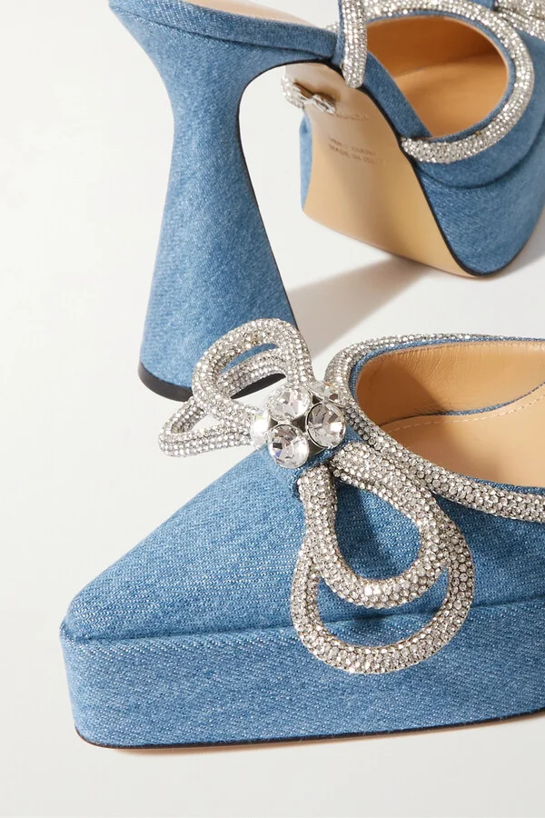 MACH & MACH - Double Bow Crystal-embellished Denim Platform Pumps - Blue - Image 4
