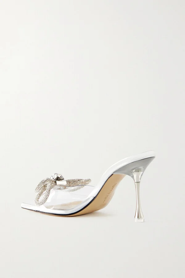 MACH & MACH - Double Bow Crystal-embellished Leather And Pvc Mules - Neutrals - Image 3