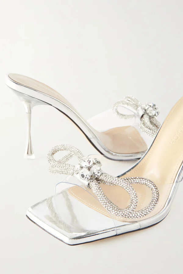 MACH & MACH - Double Bow Crystal-embellished Leather And Pvc Mules - Neutrals - Image 4