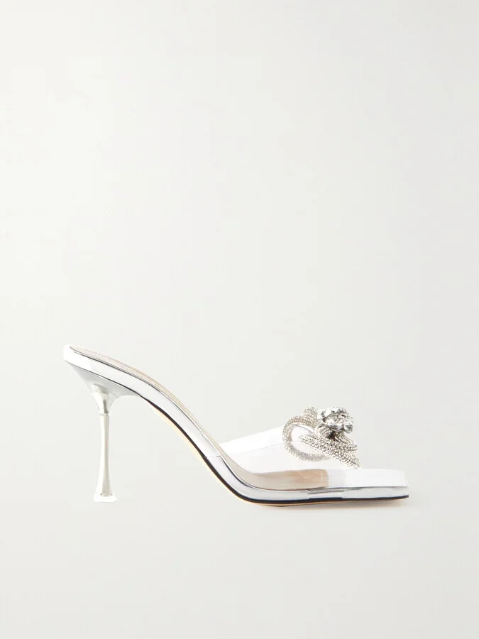 MACH & MACH - Double Bow Crystal-embellished Leather And Pvc Mules - Neutrals