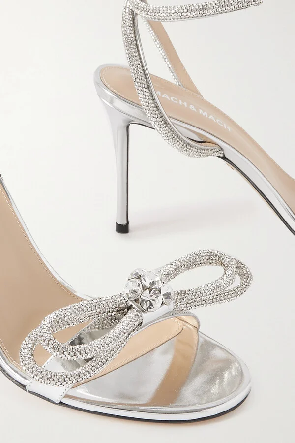 MACH & MACH - Double Bow Crystal-embellished Mirrored-leather Sandals - Silver - Image 4