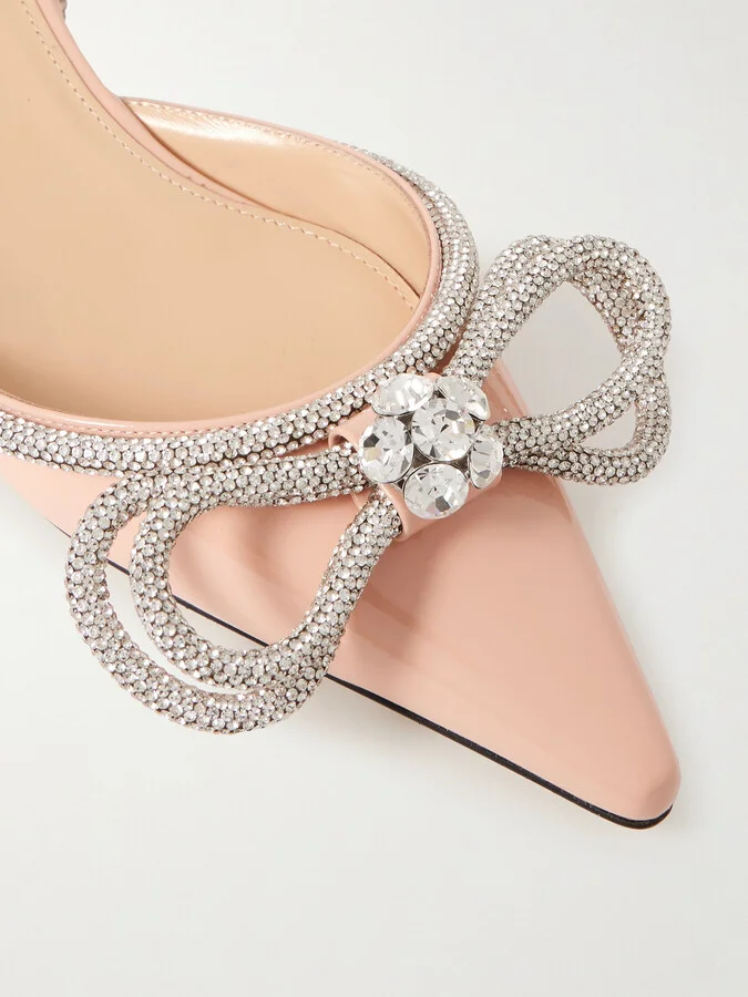 MACH & MACH - Double Bow Crystal-embellished Patent-leather Point-toe Flats - Neutrals - Image 4