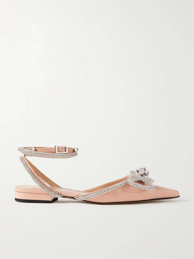 MACH & MACH - Double Bow Crystal-embellished Patent-leather Point-toe Flats - Neutrals