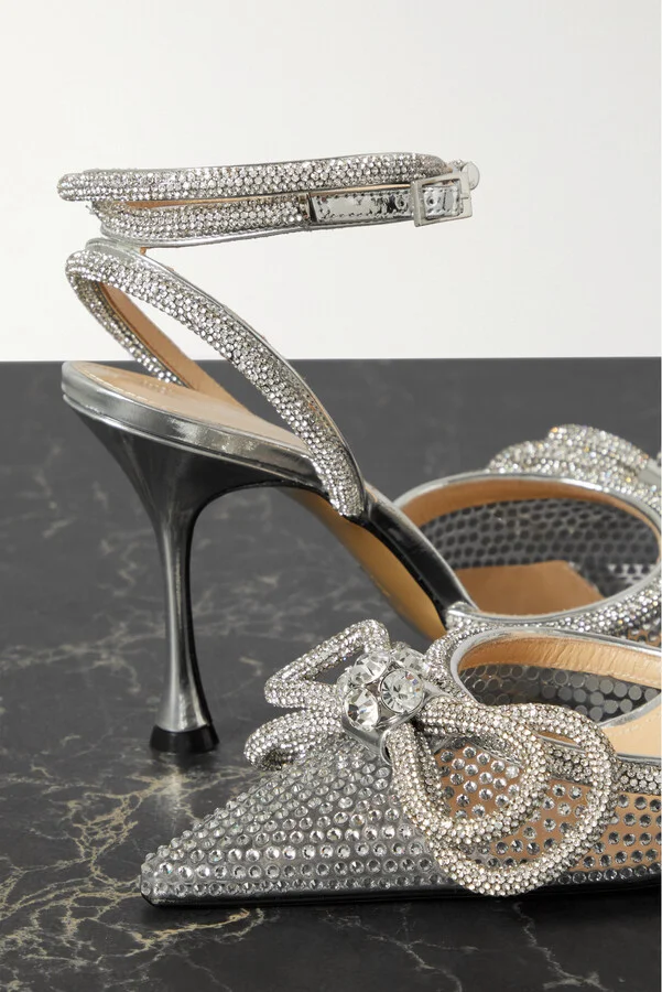 MACH & MACH - Double Bow Crystal-embellished Pvc And Metallic Leather Point-toe Pumps - Neutrals - Image 4