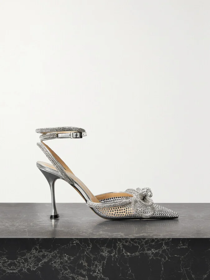 MACH & MACH - Double Bow Crystal-embellished Pvc And Metallic Leather Point-toe Pumps - Neutrals