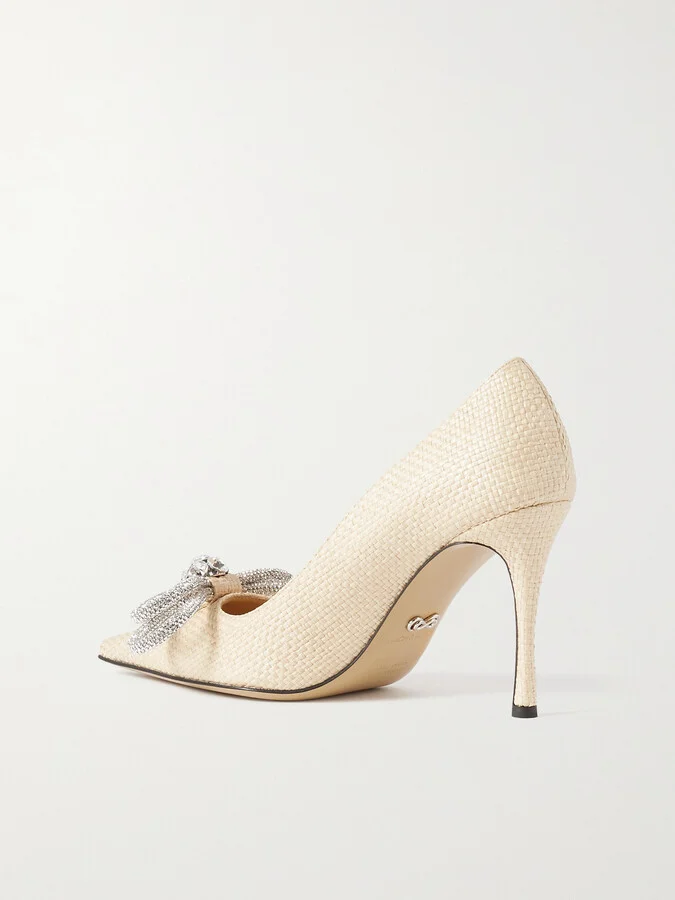 MACH & MACH - Double Bow Crystal-embellished Raffia Pumps - Neutrals - Image 3