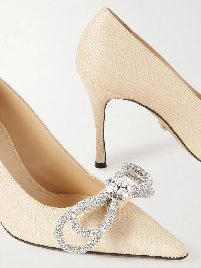 MACH & MACH - Double Bow Crystal-embellished Raffia Pumps - Neutrals - Image 4