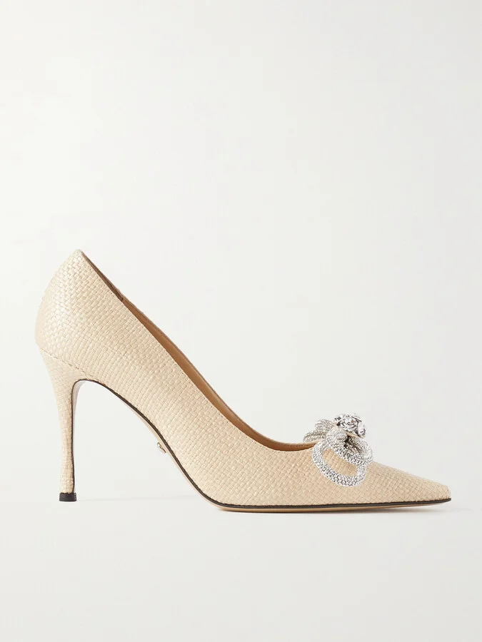 MACH & MACH - Double Bow Crystal-embellished Raffia Pumps - Neutrals