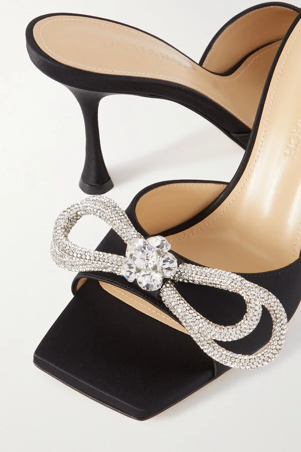 MACH & MACH - Double Bow Crystal-embellished Satin Mules - Black - Image 4