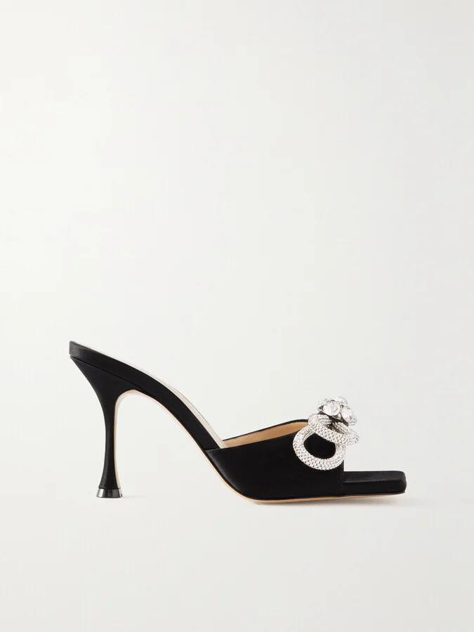MACH & MACH - Double Bow Crystal-embellished Satin Mules - Black
