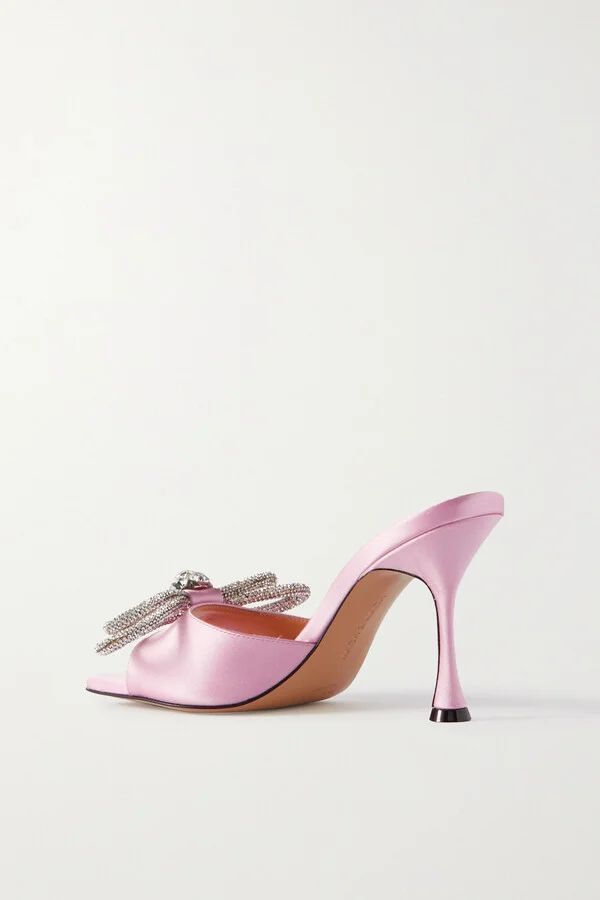 MACH & MACH - Double Bow Crystal-embellished Satin Mules - Pink - Image 3