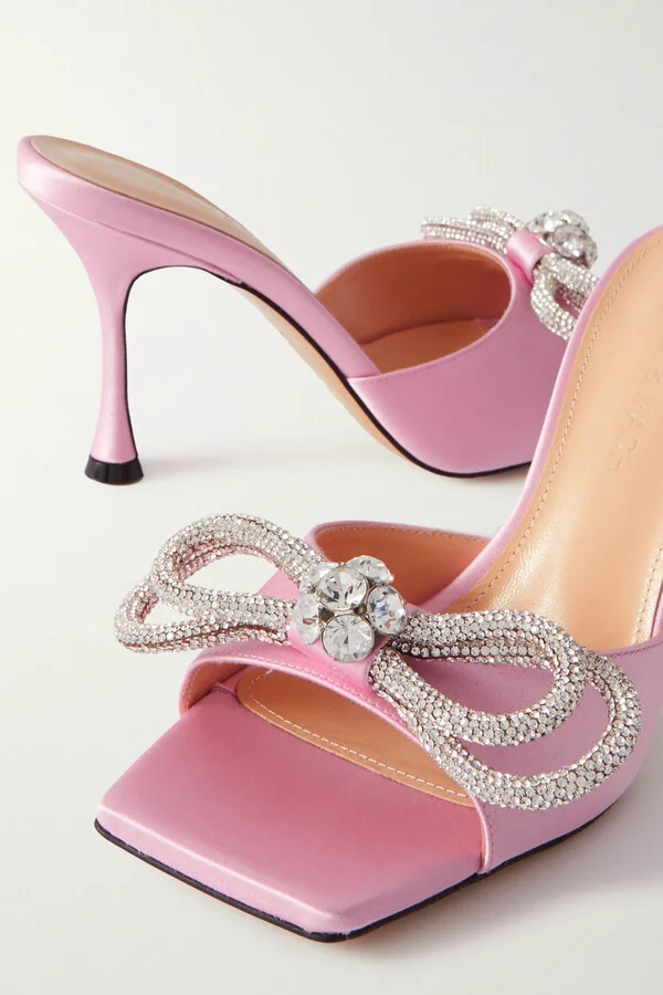 MACH & MACH - Double Bow Crystal-embellished Satin Mules - Pink - Image 4