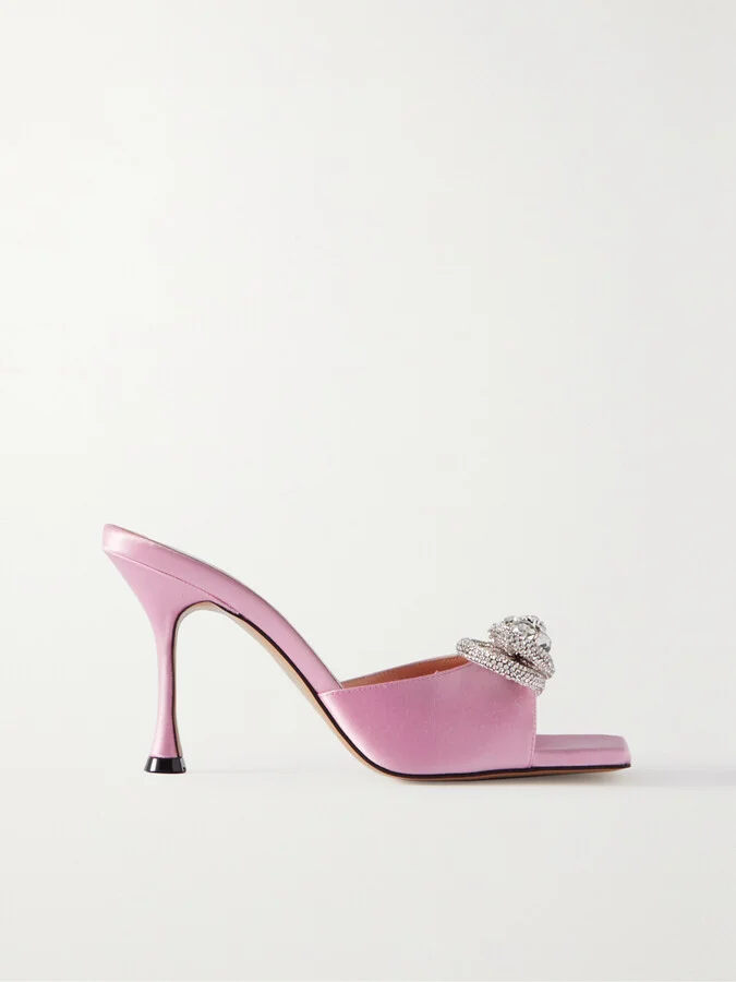 MACH & MACH - Double Bow Crystal-embellished Satin Mules - Pink